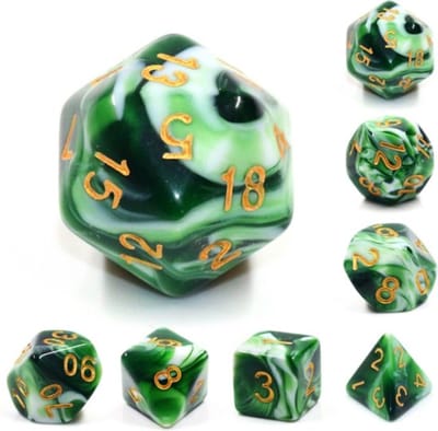 Polyset Dice | Dobbelstenen - Set Van 7 Stuks - Groen Wit Marmer Transparant Doorzichtig Goud| Voor D&D en Andere Rollenspellen | Plastic Dobbelstenen Set voor Dungeons and Dragons | Polyhedral Dice Set | Met Mooie Zwarte Velvet Dice Bag voor 3 Sets