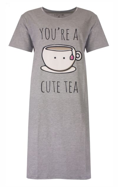 Temptation Dames Bigshirt - Cute Tea Print - Grijs Melange - Maat S