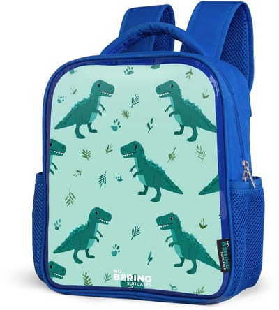 NoBoringSuitcases.com® - Rugzak blauw - Schooltas jongens - Vriendelijke T. rex tussen sporen - Kinder rugtas jongen - Boekentas kind - Kinderrugzak voor school - Schoolrugzak