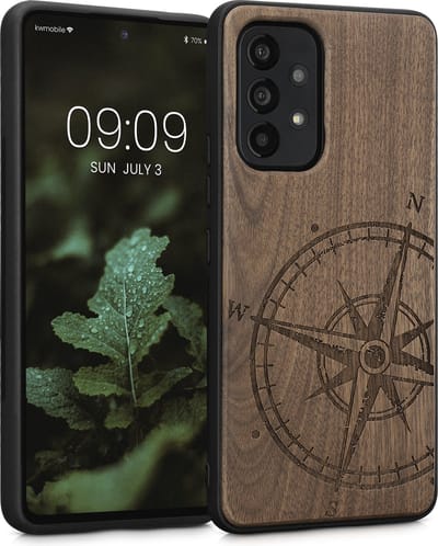 kwmobile telefoonhoesje geschikt voorSamsung Galaxy A53 5G - Hoesje met bumper - hout - In donkerbruin Vintage Kompas design