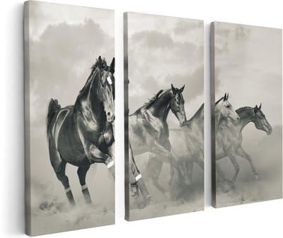 Artaza Canvas Schilderij Drieluik Vier Paarden Naast Elkaar - Zwart Wit - 120x80 - Foto Op Canvas - Canvas Print