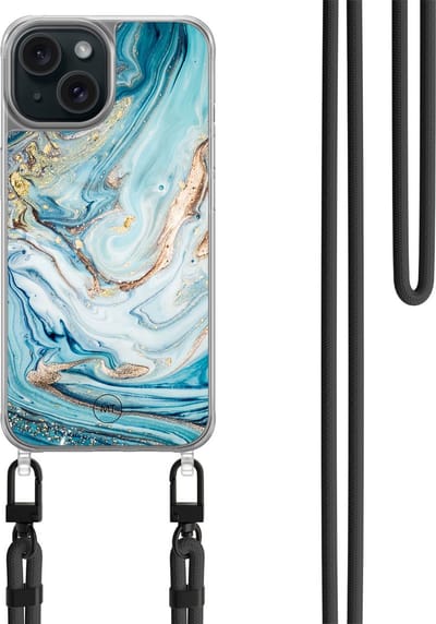 Hoesje met koord geschikt voor iPhone 15 - Marmer blauw goud - Inclusief zwart koord - Crossbody beschermhoes - Transparant, Blauw, Goud - Mooie Telefoonhoesjes