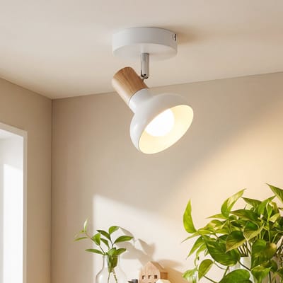 NETTLIFE Opbouwspot – E14 Fitting – 1-lichts – Wit – Hout Design – Metaal – 350° Draaibaar – Moderne Plafondlamp – L8cm – Zonder Lamp – voor Keuken Hal Woonkamer