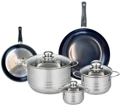 Set van 2 Koekenpannen 20 en 28 cm en 3 kookpotten 12, 16 en 24 cm Elo Prima Brillant
