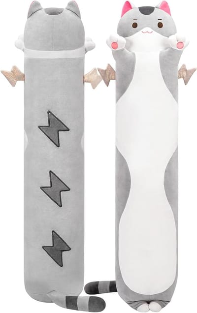 Kawaii Kat Plush Kussen, Grijs Lichaam Kussen, Zacht Speelgoed, 50 cm Lang, Perfect voor Knuffelen en Decoratie