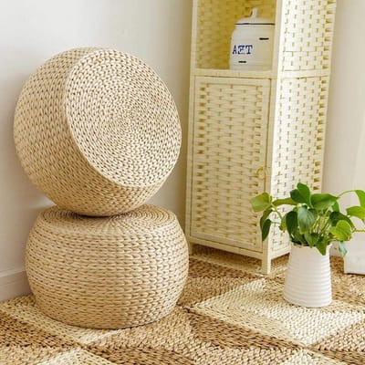 Rotan Voetbank - Poef Stoel - Woonkamer Decoratie - Hand Gebreid - 40x20 cm - Natuurlijk