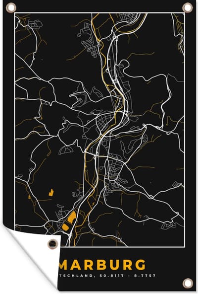 Muurdecoratie Black and Gold – Stadskaart – Marburg – Duitsland – Plattegrond – Kaart - 120x180 cm - Tuinposter - Tuindoek