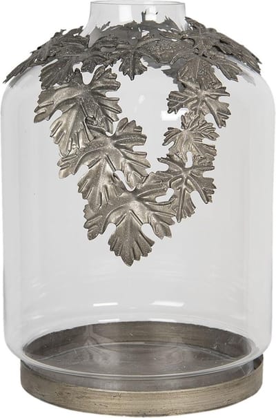 Clayre & Eef Windlicht Ø 28*40 cm Transparant Metaal / glas Rond Blaadjes Kaarsenhouder