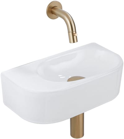 QeramiQ Fuente Fonteinset - 40x21.5x12cm - glad - halfrond - keramiek - fonteinkraan geborsteld messing - afvoerplug - verlaagd sifon - wit glans