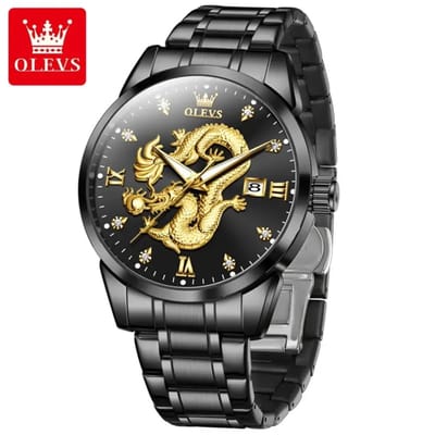 HO-3619.zw : Olevs goud/zwartkl edelstaal quartz horloge, gouden Draak Tenglong & Feilong, kalenderdag