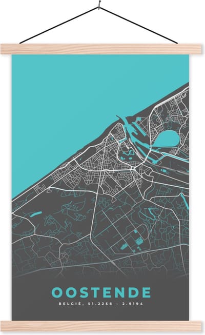 Posterhanger incl. Poster 40x60 cm - Schoolplaat - België – Oostende – Stadskaart – Kaart – Blauw – Plattegrond - Textielposter - Blanke latten - Stadskaart
