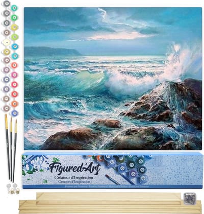 Figured'Art Schilderen op Nummer Volwassenen canvas Golven - Handwerk acrylverf Kit DIY Compleet - 40x50cm met DIY houten lijst