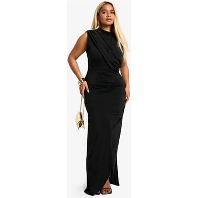 boohoo Dames Plus Slinky Wrap Detail Maxi-jurk | Zwart | Maat: 44