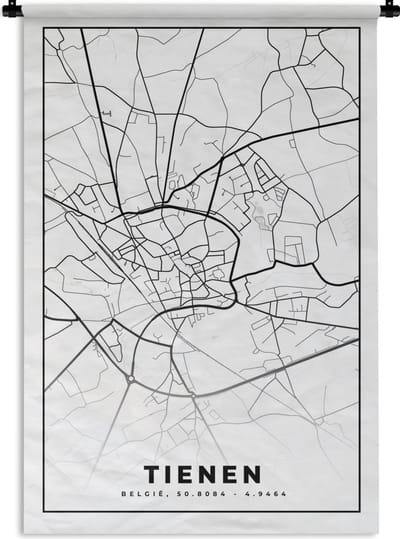 Wandkleed - Wanddoek - België – Tienen – Stadskaart – Kaart – Zwart Wit – Plattegrond - 120x180 cm - Wandtapijt