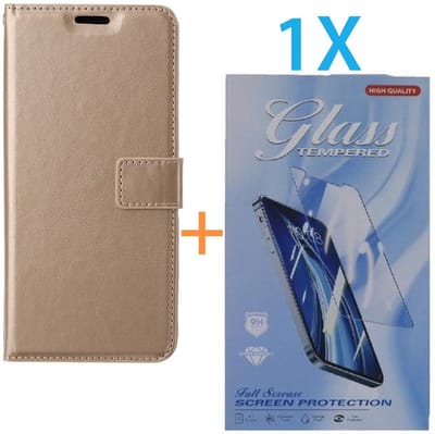 Bookcase Geschikt voor: Samsung Galaxy Xcover 7 - Goud - portemonnee hoesje - met 1x Glas Screen protector - Book Cover