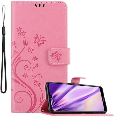 Cadorabo Hoesje geschikt voor Huawei Y6 2019 in BLOEMEN ROZE - Beschermhoes in bloemmotief met magnetische sluiting, standfunctie en kaartsleuven Book Case Cover Etui