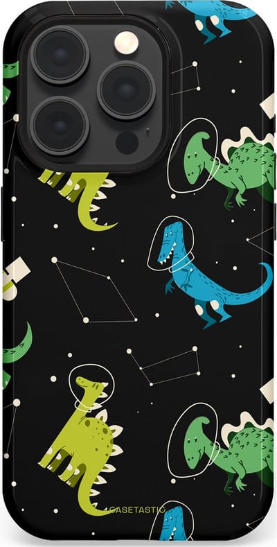 Casetastic hoesje geschikt voor Apple iPhone 15 Pro - MagSafe - Dubbellaagse bescherming - Dino in de sterren - Fashion Case - Zwart Groen