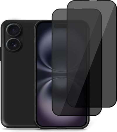 Hoesje + 2x Privé Screenprotector geschikt voor Apple iPhone 16 – Privacy Tempered Glass - Back Case Cover Zwart