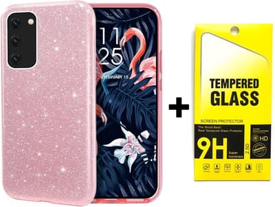 HB Hoesje Geschikt voor Samsung Galaxy A42 5G - Roze - Glitter Back Cover + Tempered Glazen Screenprotector