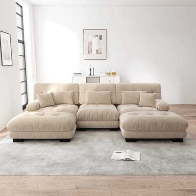 Modulaire U-vorm bank - slaapfunctie en diepe zit - 5-6 personen - lichtbruin - chenille stof - losse ottoman inbegrepen - modulair tot U- of L-vorm