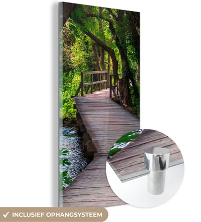MuchoWow® Glasschilderij 20x40 cm - Schilderij acrylglas - Bos - Natuur - Brug - Foto op glas - Schilderijen
