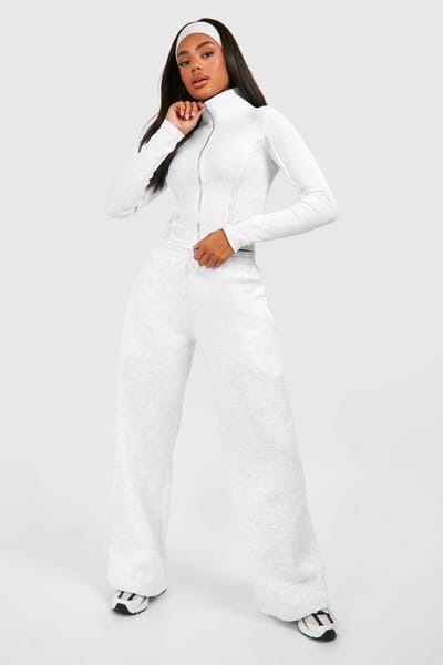 boohoo Dames Rib Naad Detail Dubbele Ritssluiting Top En Rechte Pijp Jogger Set | Asgrijs | Maat: Large