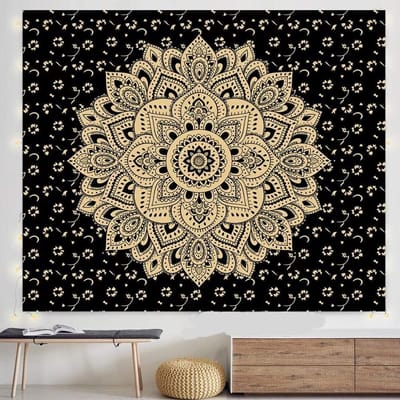 Wandkleed- Groot wandtapijt - Poster-Wandtapijt- Tapijt muur hangende -Mandala gooien hippie Ombre Boheemse gouden sprei, (Queen Size, 180*230cm), Zwart Goud Bloem