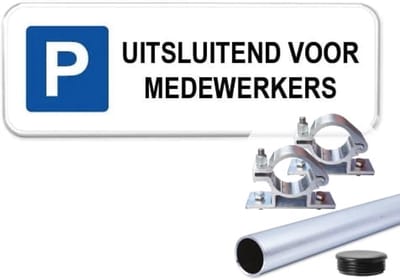 Parkeerbord Medewerkers - Weerbestendig Aluminium - 40x15 cm - Bevestiging: Met paal 120 cm + paalbeugels + paaldop