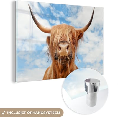 MuchoWow® Glasschilderij 120x80 cm - Schilderij acrylglas - Schotse Hooglander - Wolk - Dieren - Foto op glas - Schilderijen