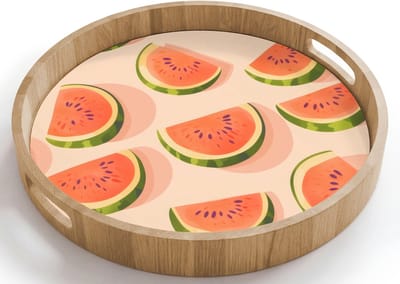 Dienblad rond 40x40 cm - Schootdienblad hout - Watermeloen - Schijfjes - Pitten - Rood - Borrelplank rechthoek - Plateau houten dienbladen
