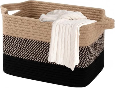 opbergmand voor kinderen met handgrepen, mand, opbergmand, grote opvouwbare wasmand, gevlochten van katoenen touw, voor badkamer, kinderkamer, 60 x 40 cm, bruin + zwart