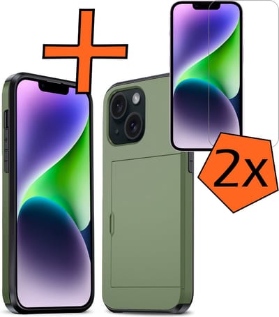 Hoesje Geschikt voor iPhone 14 Hoesje Pasjeshouder Shockproof Hard Case Met 2x Screenprotector - Hoesje Geschikt voor iPhone 14 Hoes Met Kaarthouder - Donkergroen