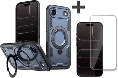 Hoesje Geschikt voor iPhone 17 Air met gehard glas Screenprotector - Armor hoes met Ringhouder - Arara backcover - Donker Blauw