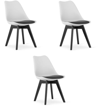 Set van 3 Stoelen MARK – Wit/Zwart, Zwarte Poten, Kunststof Zitting met Kunstlederen Kussen, Strak Design, Ergonomisch, Geschikt voor Keuken, Eetkamer, Kantine en Werkruimte, Max. 120 kg