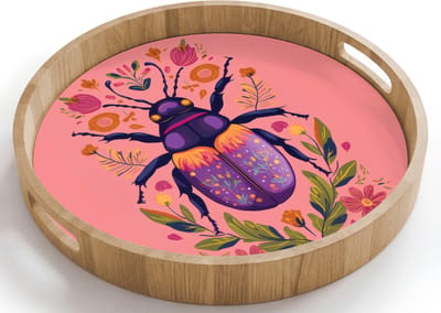Dienblad rond 40x40 cm - Schootdienblad hout - Paars - Kever - Stipjes - Bloemen - Borrelplank rechthoek - Plateau houten dienbladen