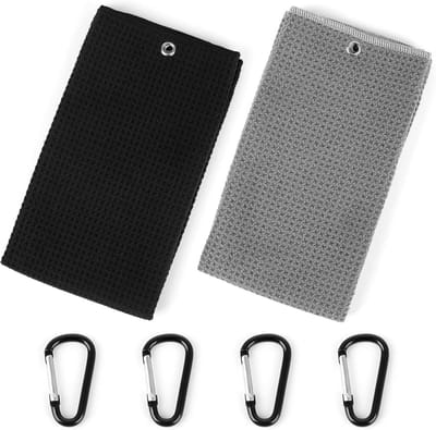 Famanu – Microvezel golfhanddoek met 4 stuks clips - 40 x 50 cm sporthanddoek voor sport - outdoor - fitness - yoga - golf - fiets - zwart/grijs