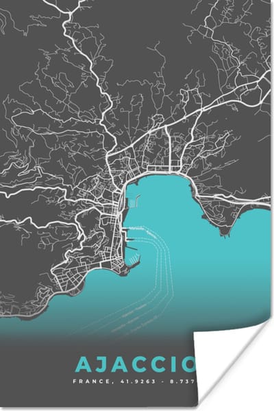 Poster Kaart – Stadskaart – Frankrijk - Ajaccio - Plattegrond - Corsica - 120x180 cm XXL