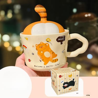 Creatief ontworpen kattenmok met deksel Leuke kitten keramische mok Huis waterbeker Souvenir 330ml orange