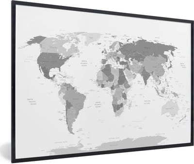 Poster in lijst - Fotolijst 30x20 cm - Posters - Wereldkaart - Topografie - Kleuren - Kind - Jongen - Meiden - Posterlijst zwart - Decoratie - Wanddecoratie woonkamer - Muurdecoratie slaapkamer
