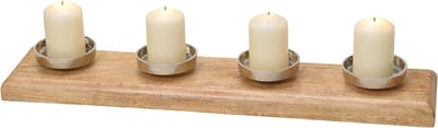 Luxe kandelaar van mangohout & metaal in zilver langwerpige adventskrans adventsstuk lengte 41 cm decoratieve krans kerstdecoratie stompkaarsenhouder Kerstmis advent winter woningdecoratie