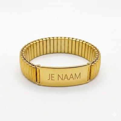 Armband met graveer, Armband met naam, Schakelarmband met gravure goudkleurig - veermechanisme - RVS naamplaat - gepersonaliseerd, Armband met naamplaatje ,graveerarmband