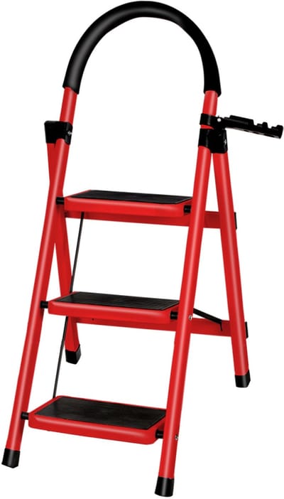 PIPIPOXER-Huishoudtrap Keukentrap - 3 Treden - Metalen Huishoudladder Inklapbaar -Trapladder Opvouwbaar - Anti-Slip - Inklapbaar -Rood