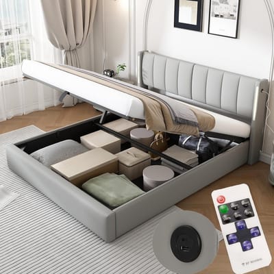 Tweepersoonsbed met Opbergruimte, Verstelbaar Hoofdeinde, LED en USB, 140x190 cm, Grijs