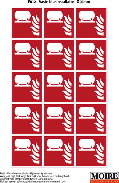 Pictogram sticker 75 stuks F012 - vaste blusinstallatie - 50x50mm - 15 stickers op 1 vel