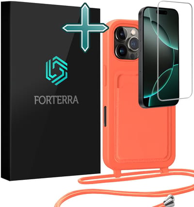 Hoesje Geschikt voor iPhone 16 Pro Pashouder Case Siliconen Hoes Met Koord Met Screenprotector - Hoes Geschikt voor iPhone 16 Pro Met Telefoonkoord Hoesje Back Cover Met Pasjeshouder - Papaya