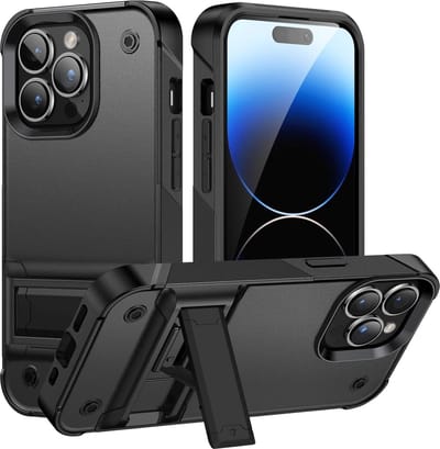 Casemania Hoesje Geschikt voor Apple iPhone 16 Pro - Zwart - Armor Back Cover met Kickstand