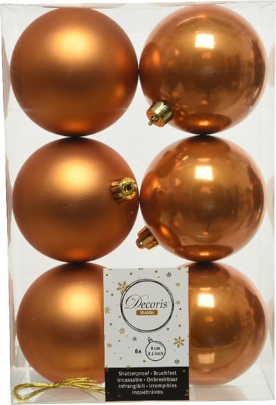 Decoris Kerstballen - 6x st - cognac bruin - D8 cm - kunststof - mat/glans - kerstversiering