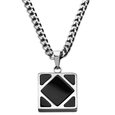 Cruz | Ketting van Zilverkleurig Roestvrij Staal en Vierkant van Zwarte Onyx