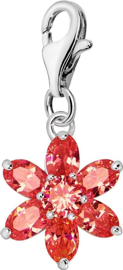 Quiges – 925 - Zilver – Charm - Bedel - Hanger - Kristal Zirkonia Bloem Rood Oranje - met – sterling - zilver - karabijnslot - geschikt - voor - Bedelarmband HC261