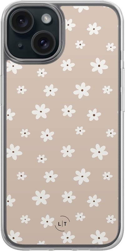Hoesje geschikt voor iPhone 15 - Cute flowers - 2in1 backcover - Bloemen - Beige - Leuke Telefoonhoesjes